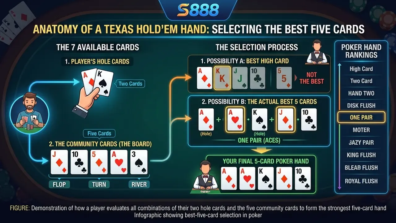 Infographic showing best-five-card selection in poker