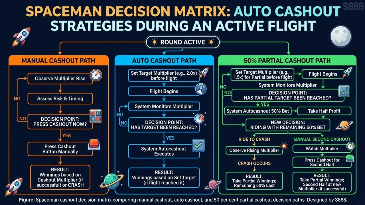 Flowchart comparing manual cashout, auto cashout and 50 per cent partial cashout decision paths in Spaceman