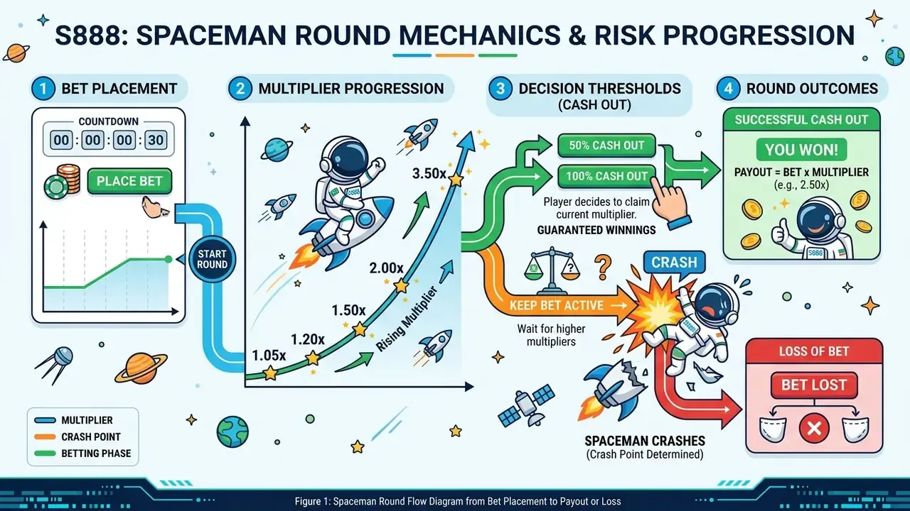 Diagram showing Spaceman crash game round flow from bet placement through rising multiplier to cash out or crash